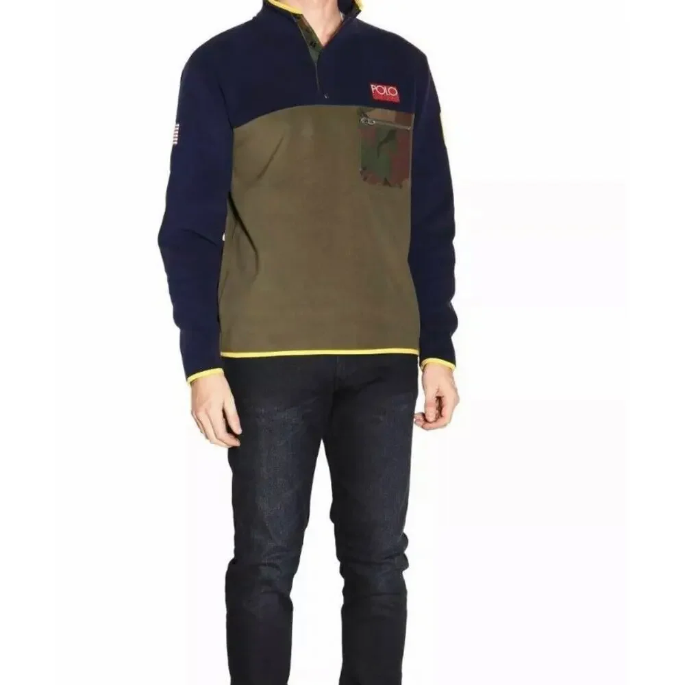 Polo Ralph Lauren Mens M Fleece Pullover Jacket RL67 USA Flag Mock Neck Hi Tech